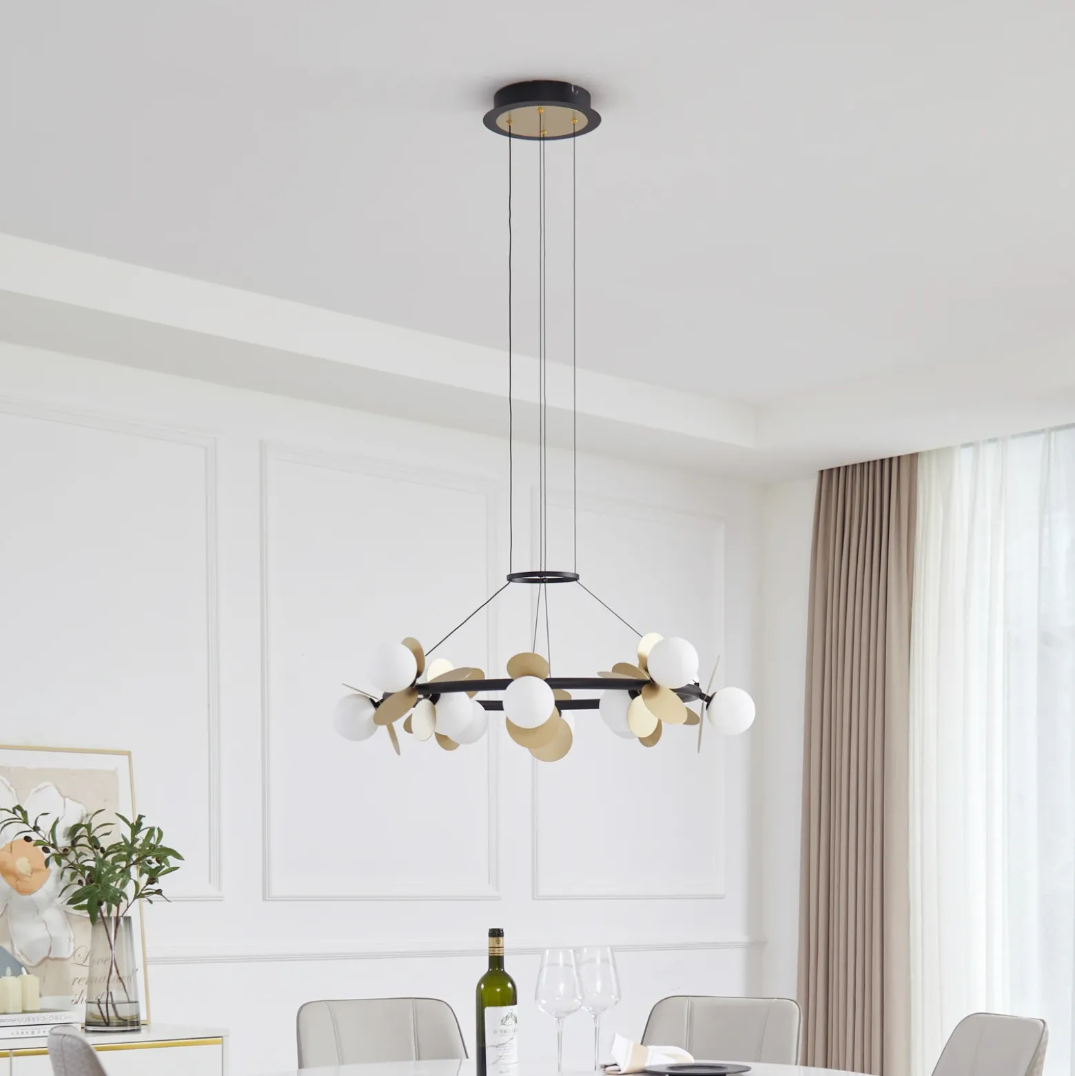 Lucande Lámpara colgante LED Pallo, 12 luces, negro/oro, cristal