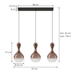 Lucande lámpara colgante Lyrisa, 3 luces, color cobre, cristal, 22cm