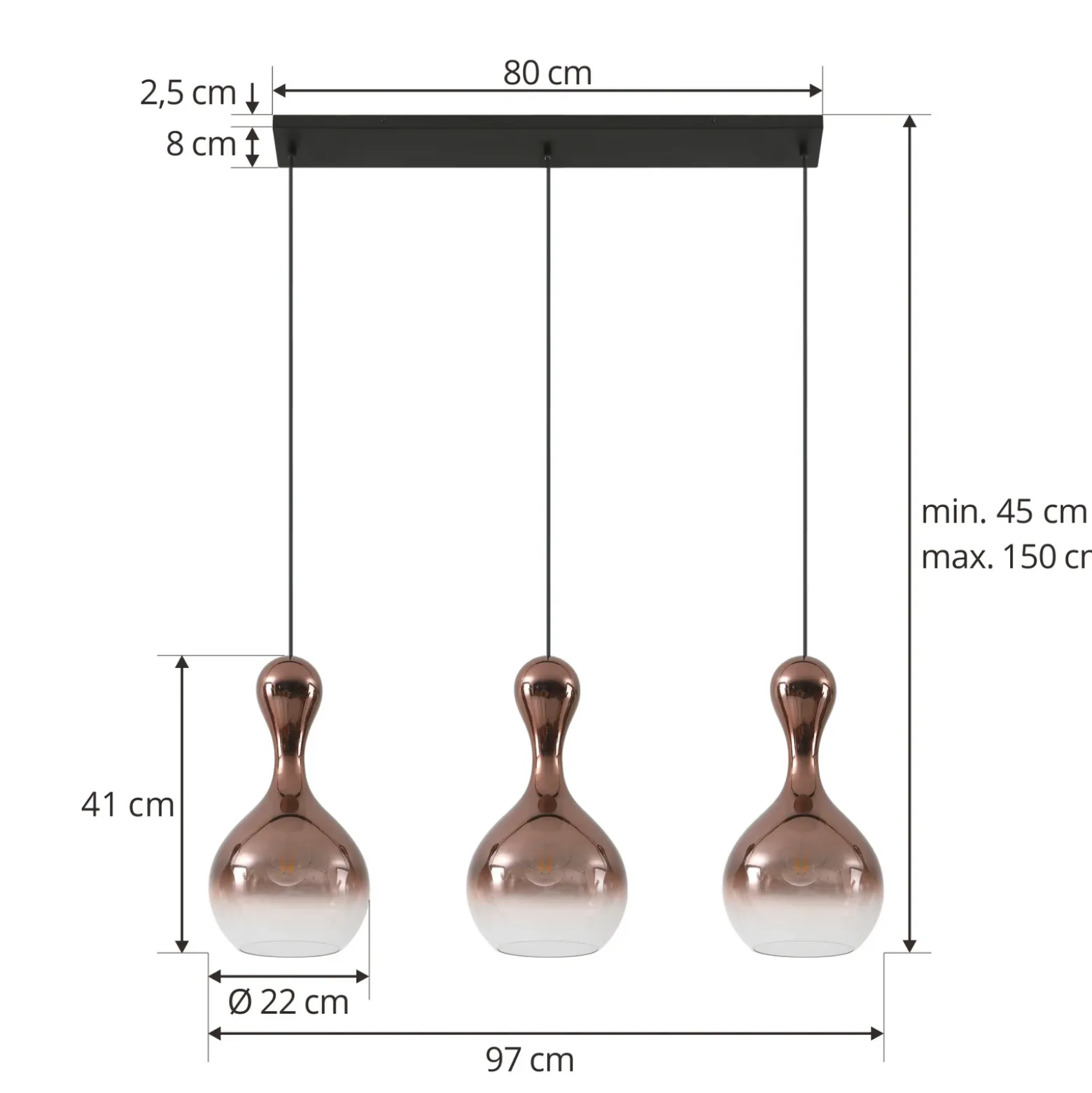 Lucande lámpara colgante Lyrisa, 3 luces, color cobre, cristal, 22cm