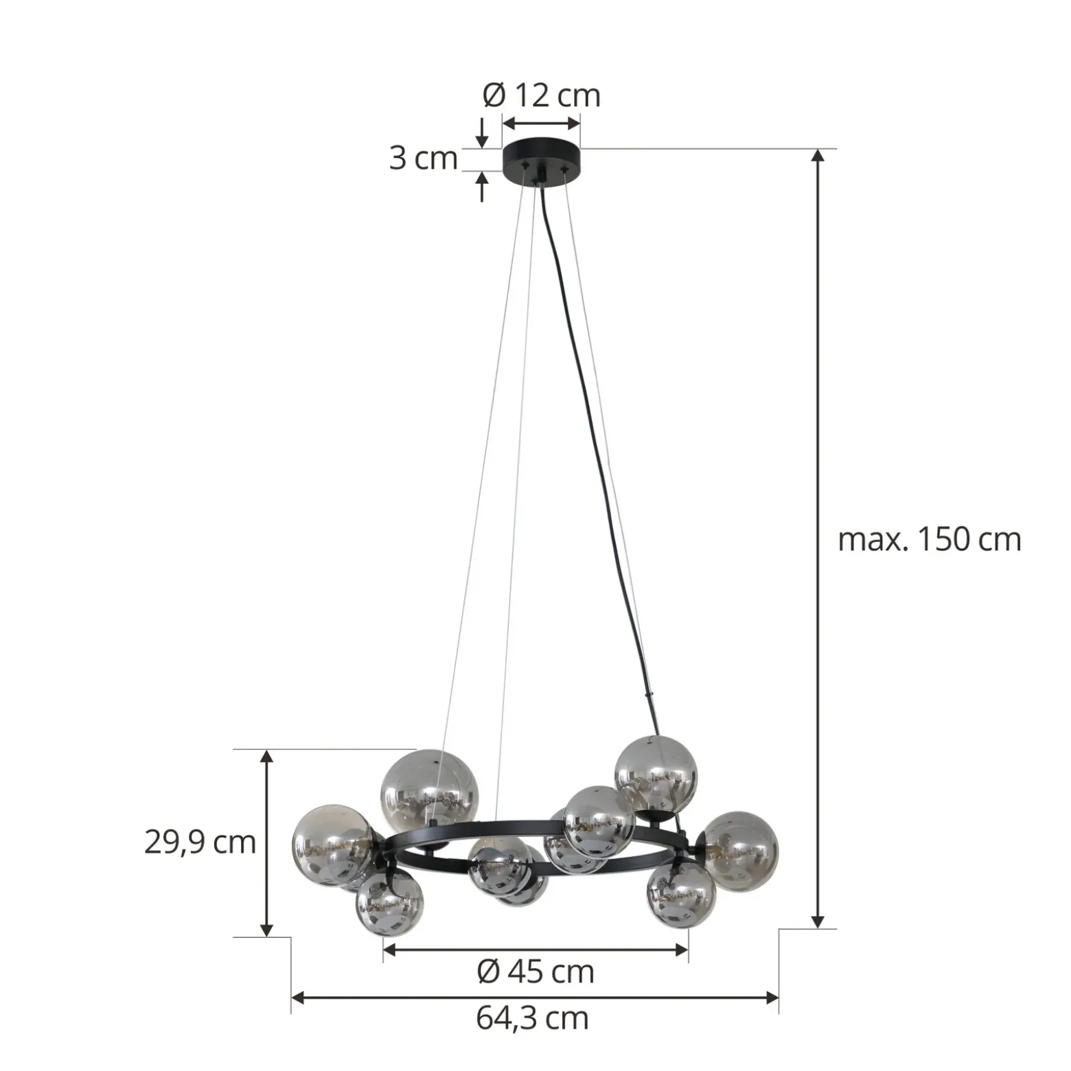 Lucande lámpara colgante Naelen, negro/gris, 64,3 cm, cristal, G9