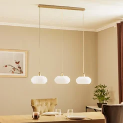 Lucande lámpara colgante Sharvil, 3 luces, blanco, cristal, 97cm