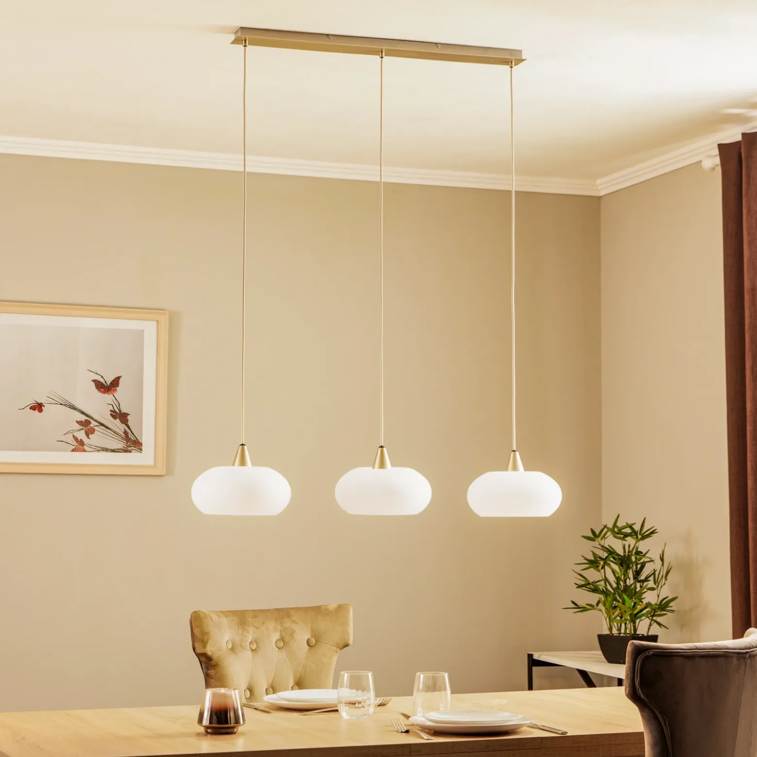 Lucande lámpara colgante Sharvil, 3 luces, blanco, cristal, 97cm