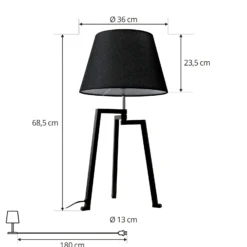 Lucande lámpara de mesa Amona, negro, textil, 69 cm, trípode