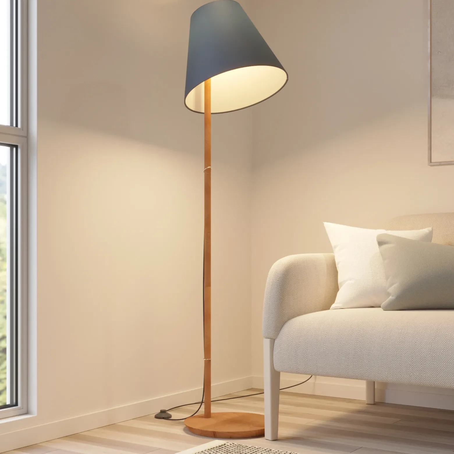 Lucande Lámpara de pie Jinda, azul, madera, tela, 160 cm, E27
