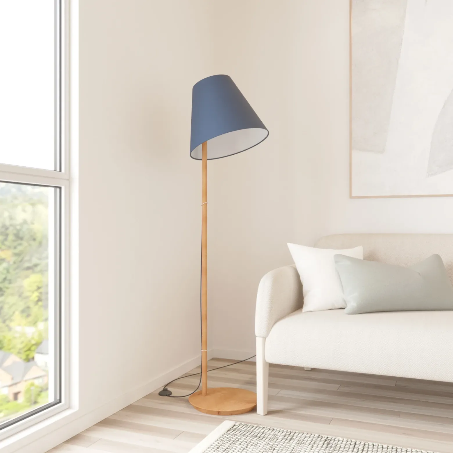 Lucande Lámpara de pie Jinda, azul, madera, tela, 160 cm, E27
