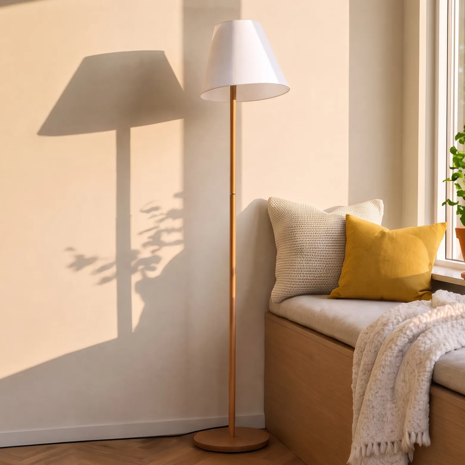 Lucande lámpara de pie Jinda, blanco, madera, tela, 160 cm, E27