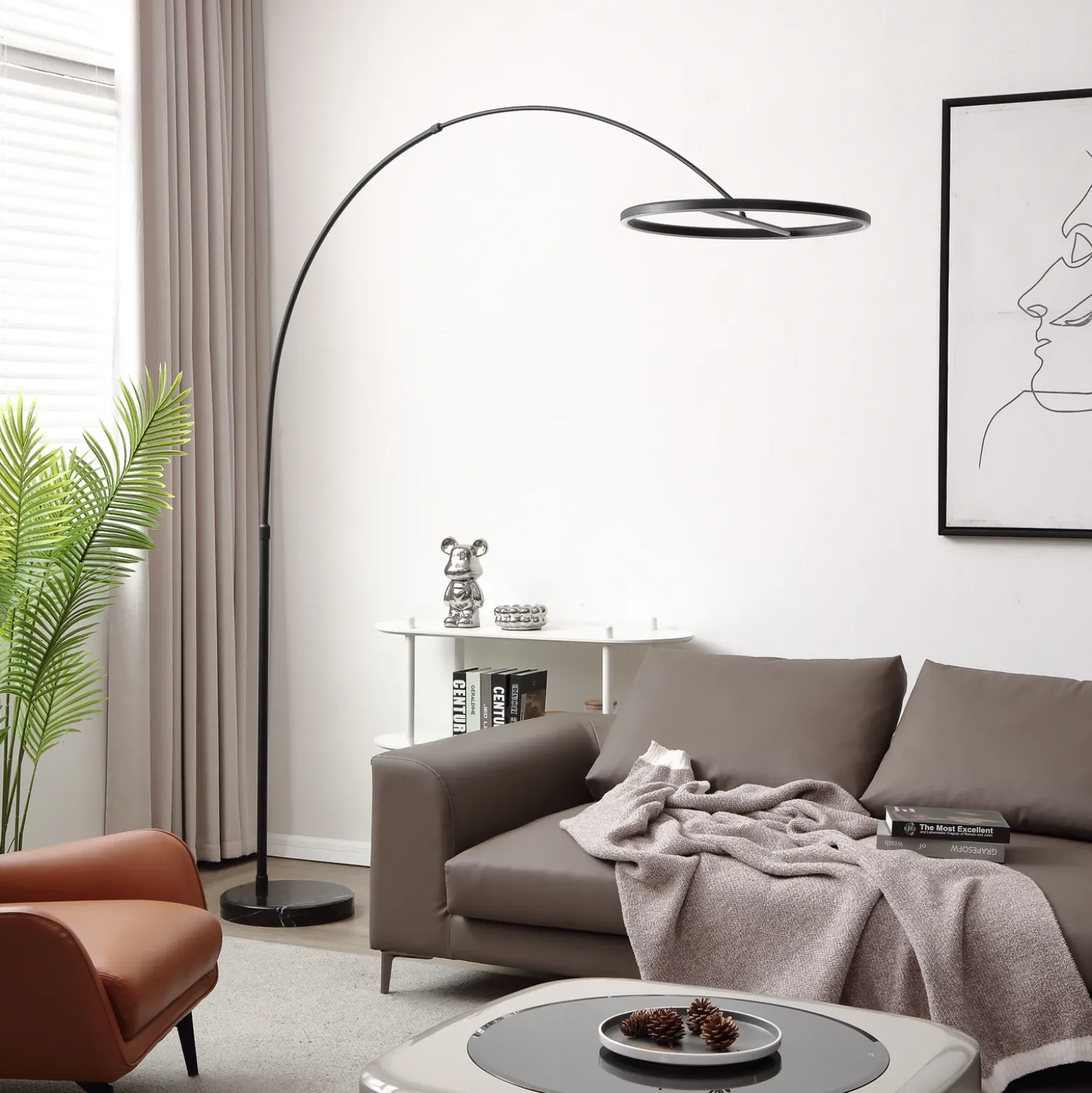 Lucande Lámpara de pie LED arqueada Virvera, redonda, negra, metal