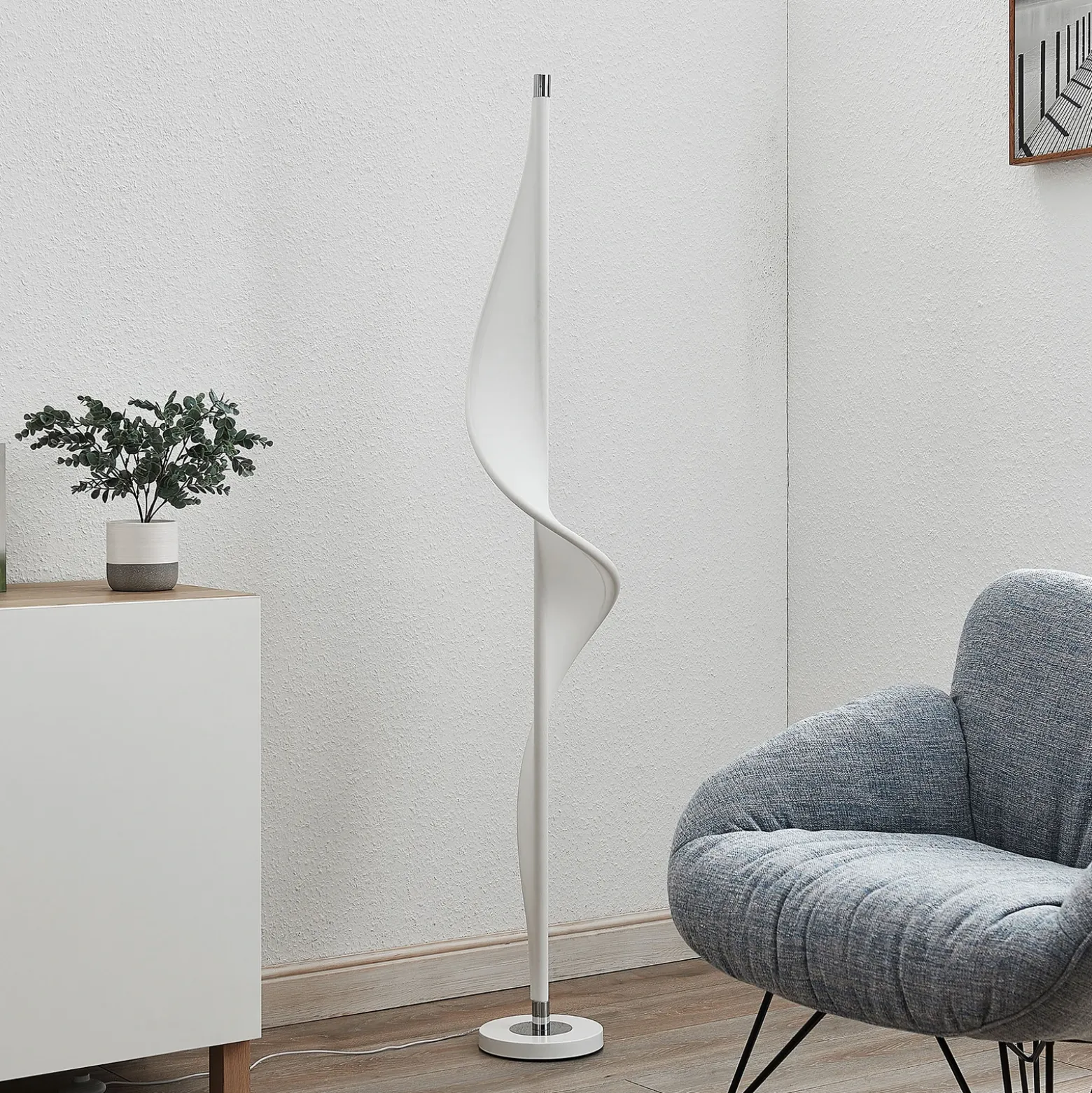 Lucande Lámpara de pie LED Edano, 154 cm, blanca, textil, atenuable