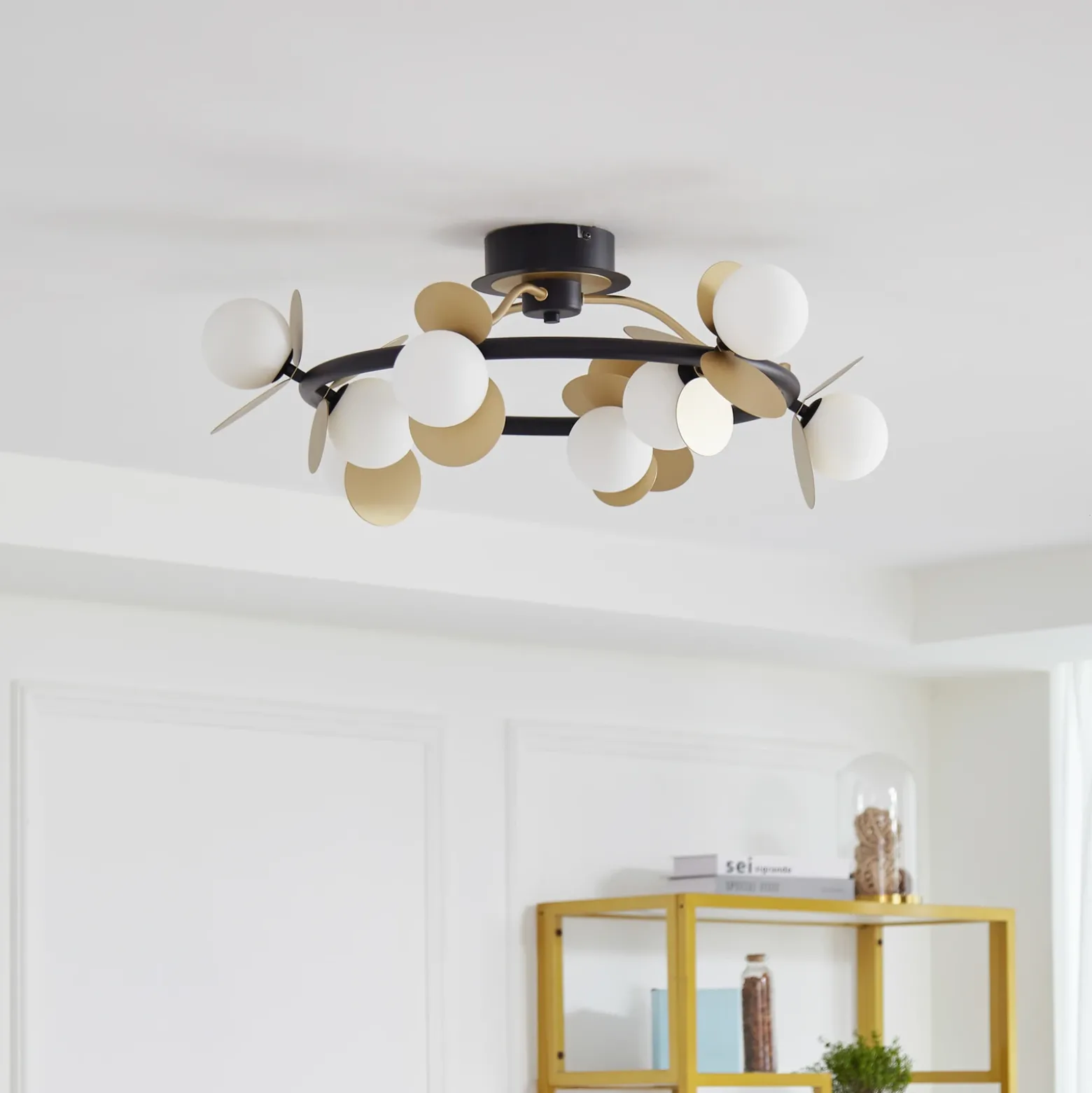 Lucande Lámpara de techo LED Pallo, 9 luces, negro/oro, cristal