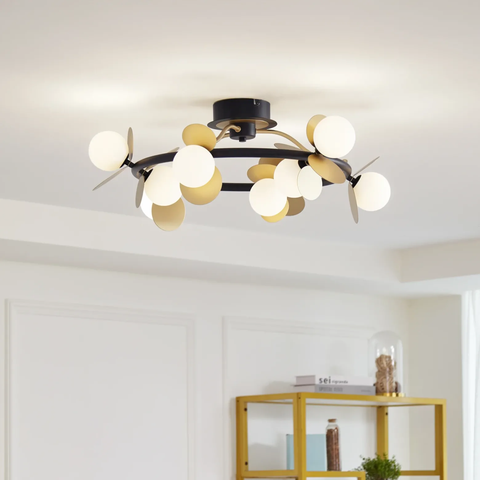 Lucande Lámpara de techo LED Pallo, 9 luces, negro/oro, cristal