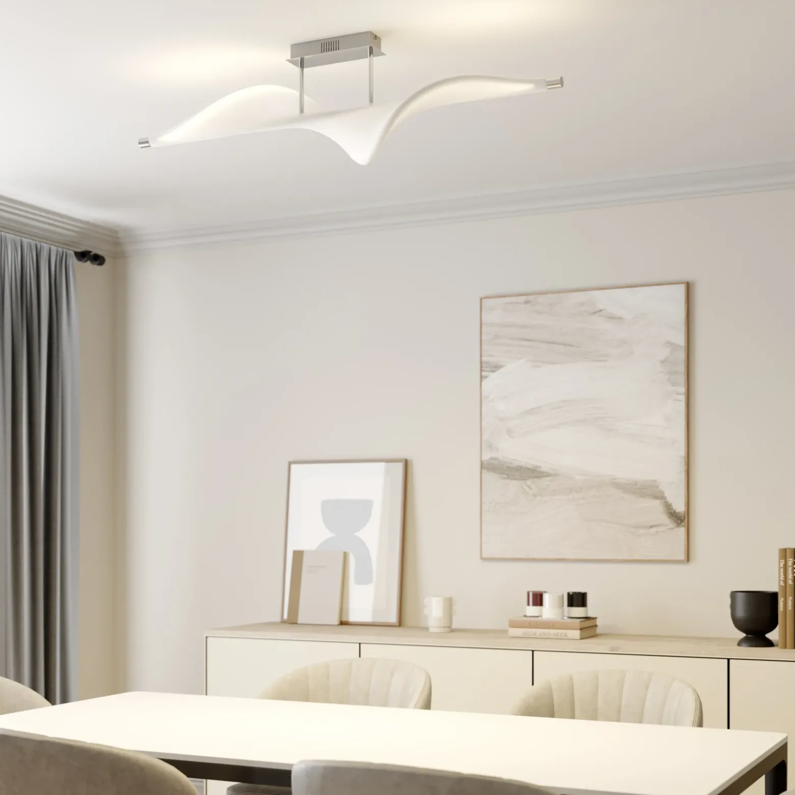 Lucande Lámpara LED de techo Edano, 122 cm, blanca, textil, atenuable