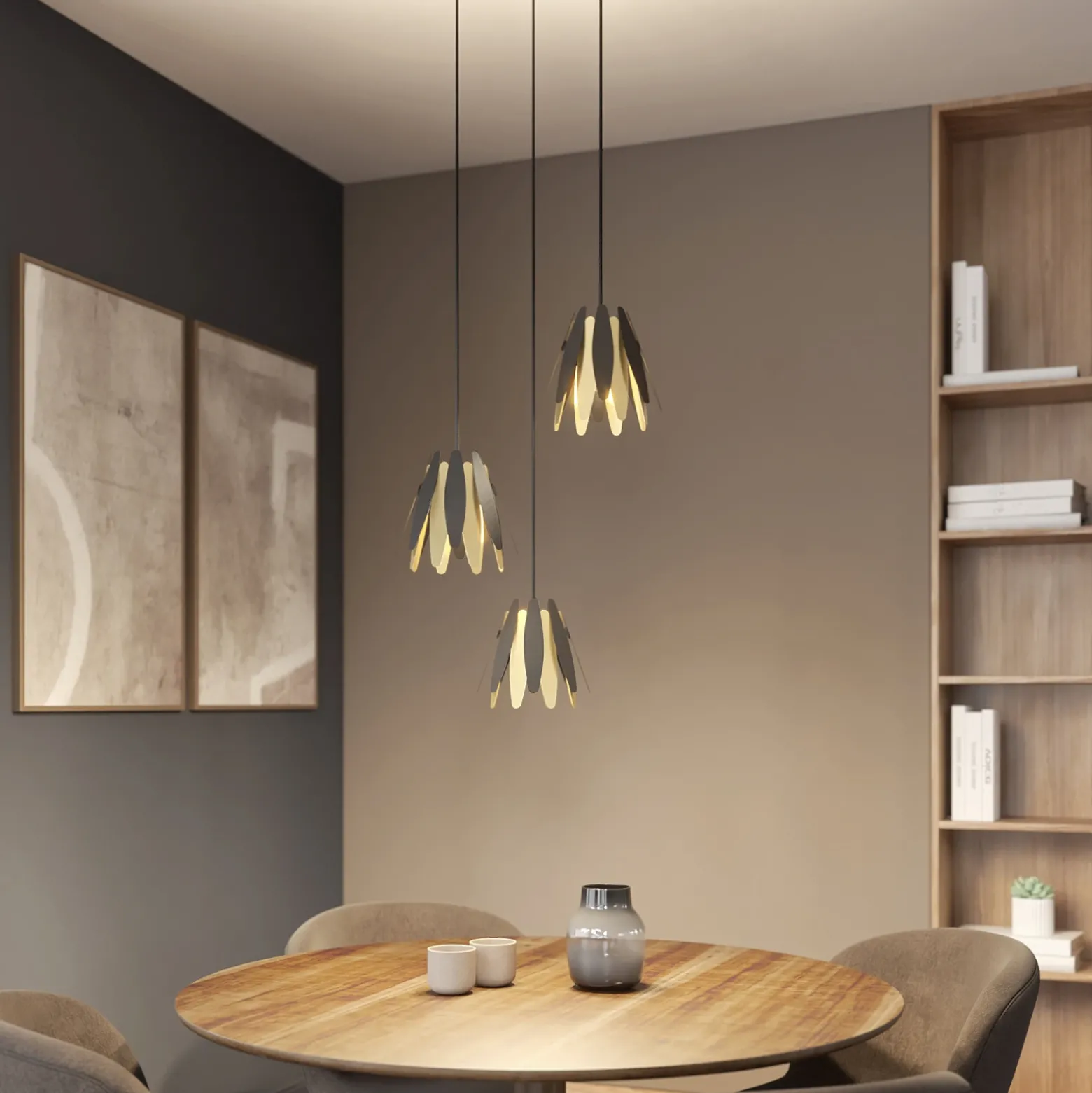 Lucande Lounit colgante, negro-dorado, 3 luces