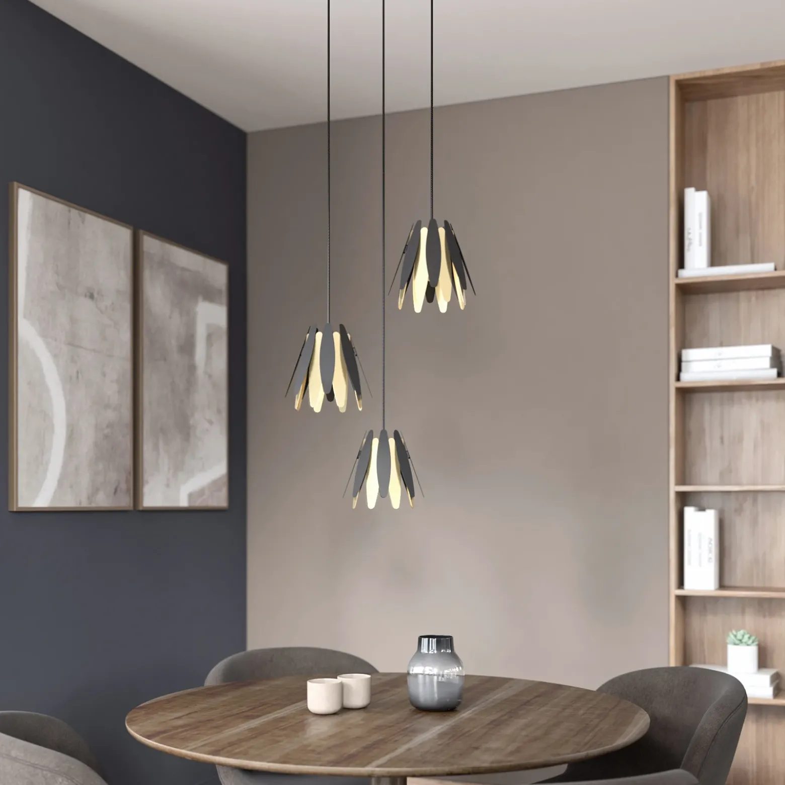 Lucande Lounit colgante, negro-dorado, 3 luces