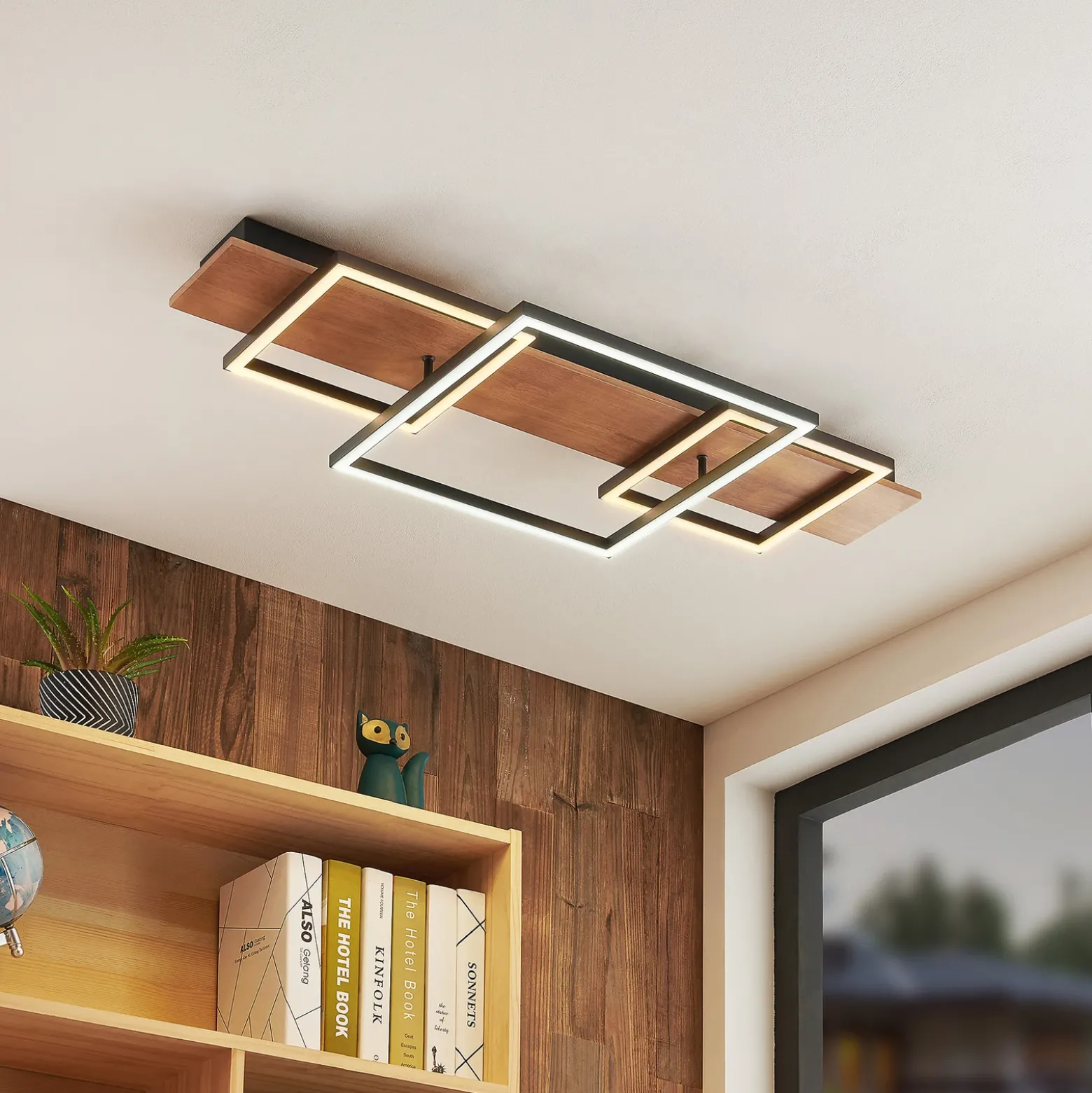 Lucande Plafón LED Chariska, 95cm, negro, madera, CCT