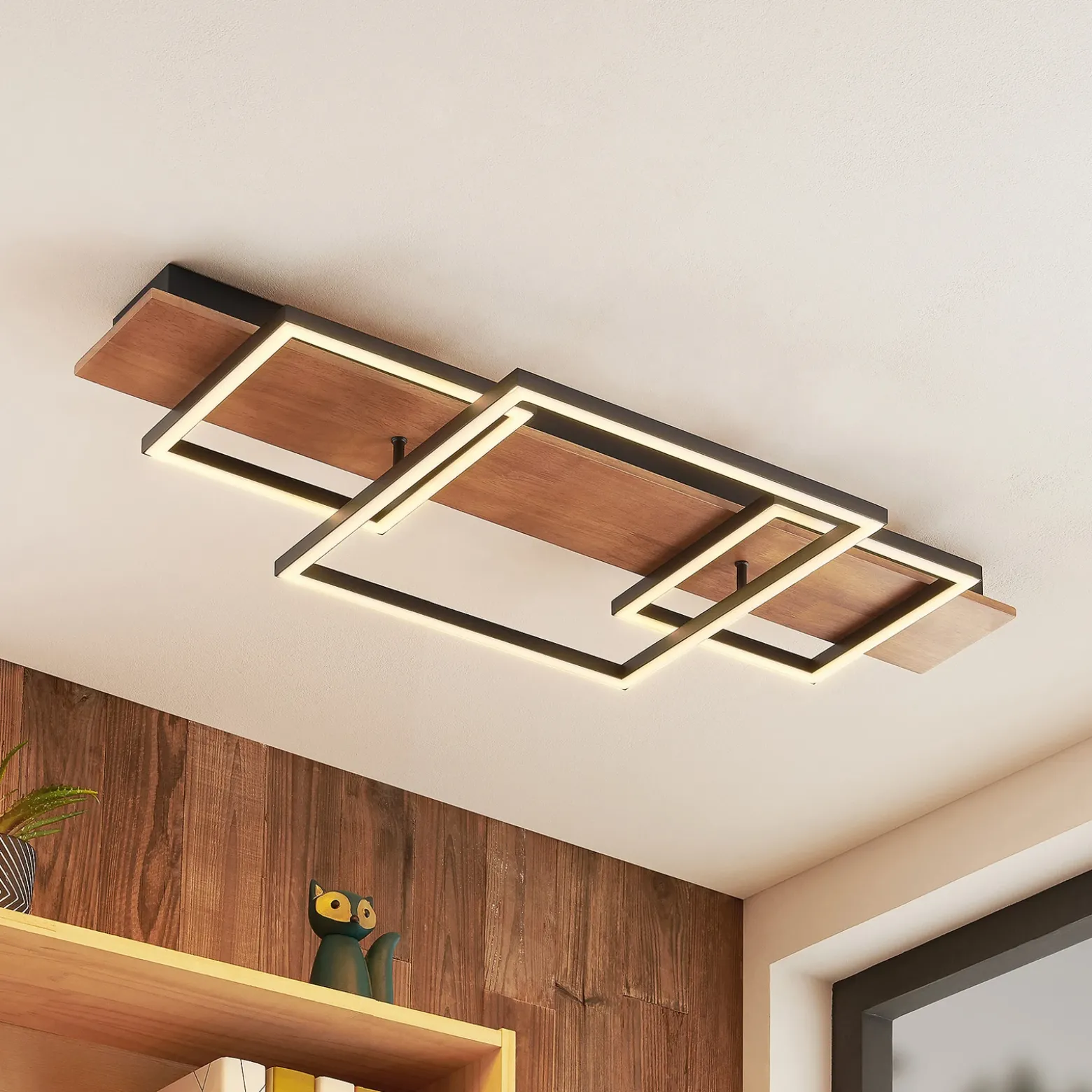 Lucande Plafón LED Chariska, 95cm, negro, madera, CCT
