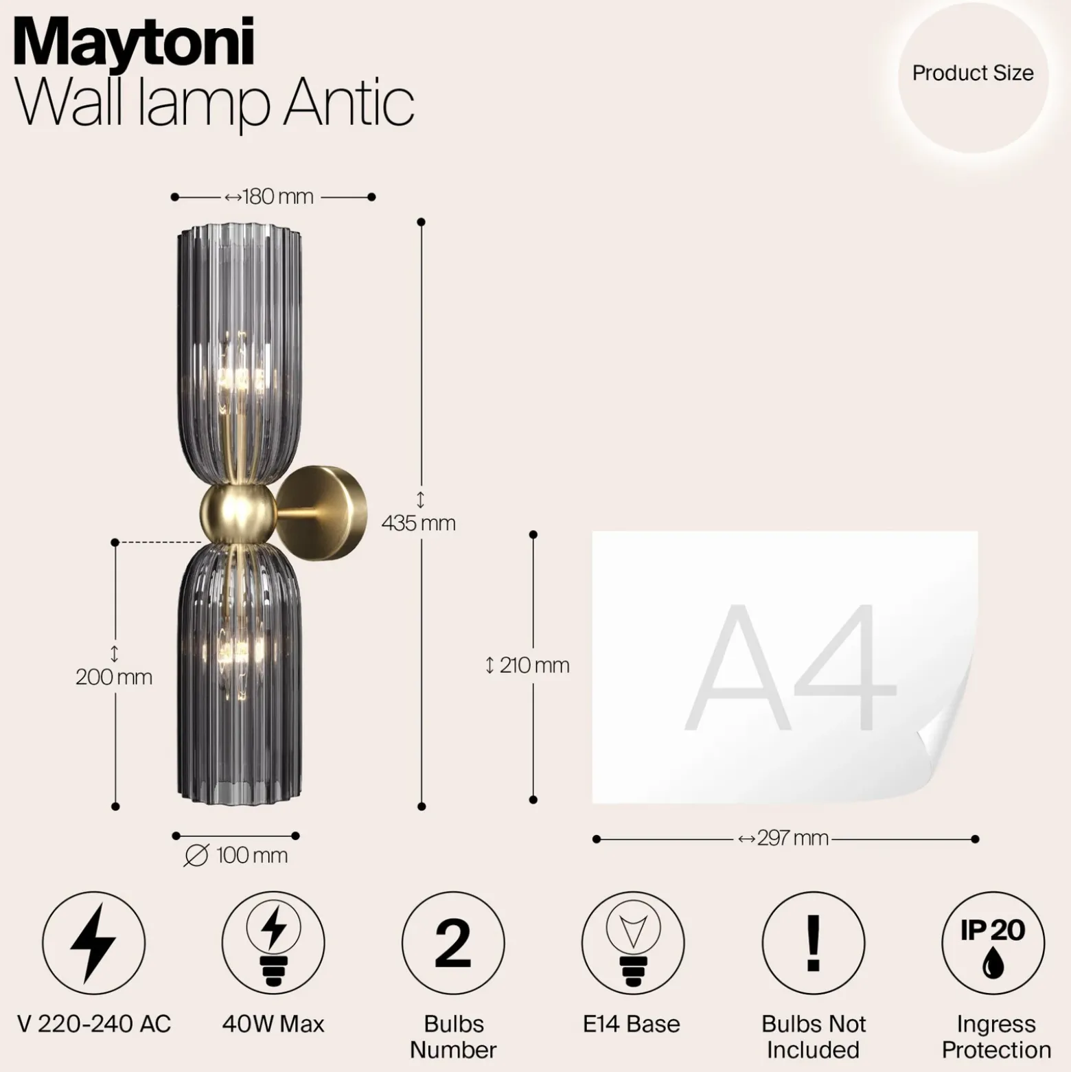 Maytoni aplique de pared Antic, 2 luces, dorado/gris, cristal