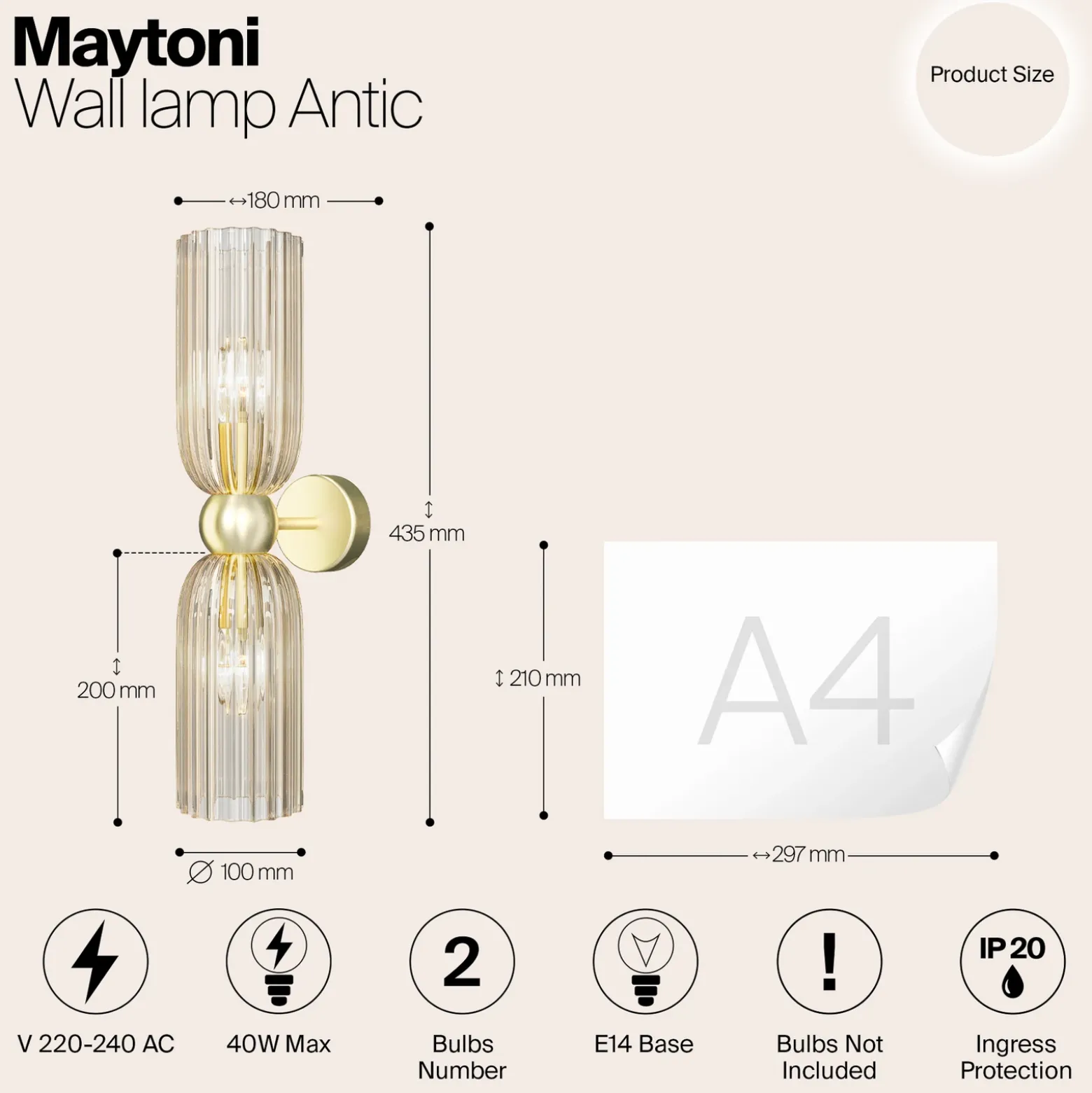 Maytoni aplique de pared Antic, 2 luces, dorado/ámbar, cristal