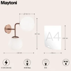 Maytoni aplique de pared Erich, latón rosado, vidrio/metal, 2 luces