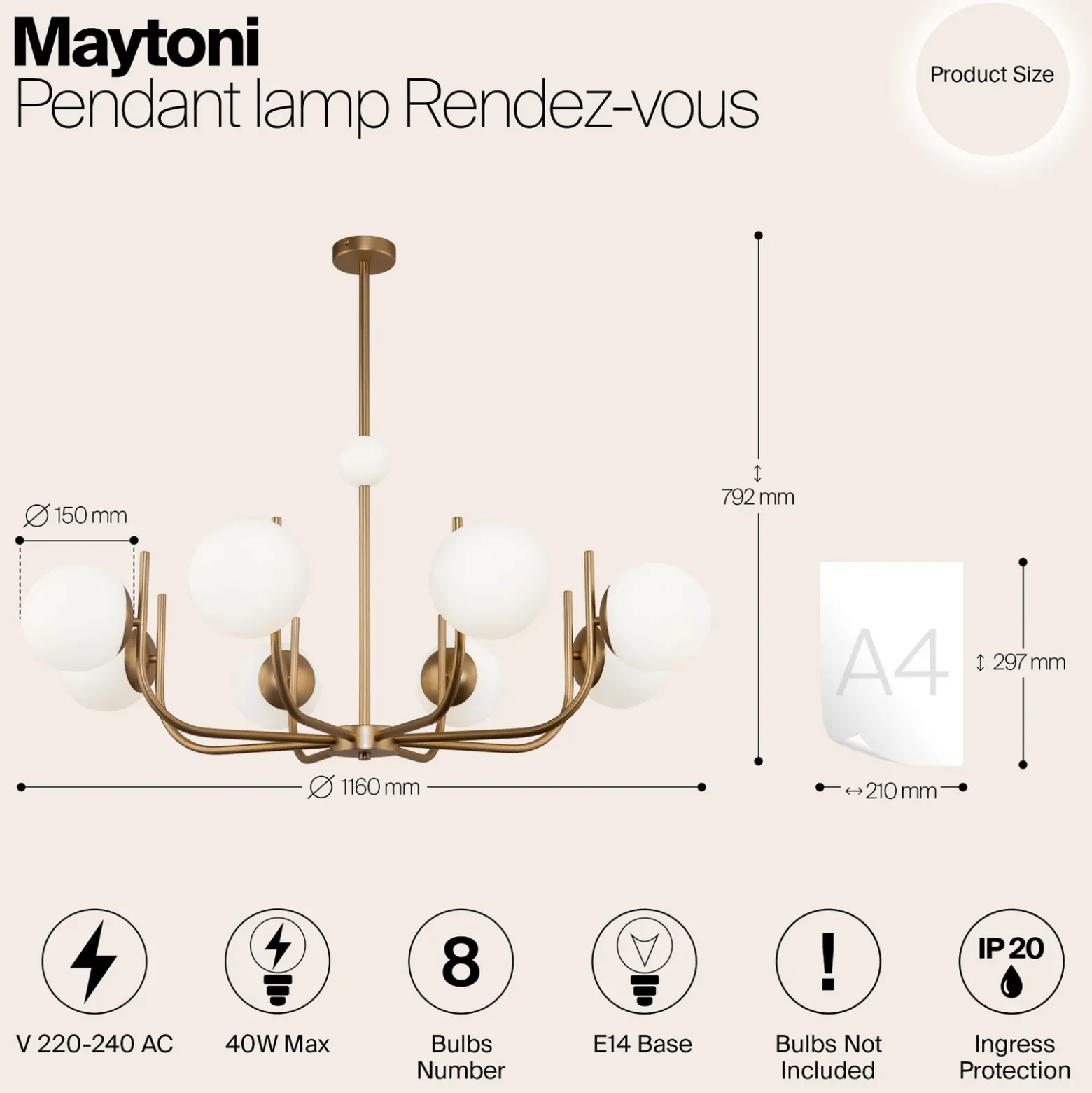 Maytoni lámpara colgante Rendez-vous, 8 luces, color latón