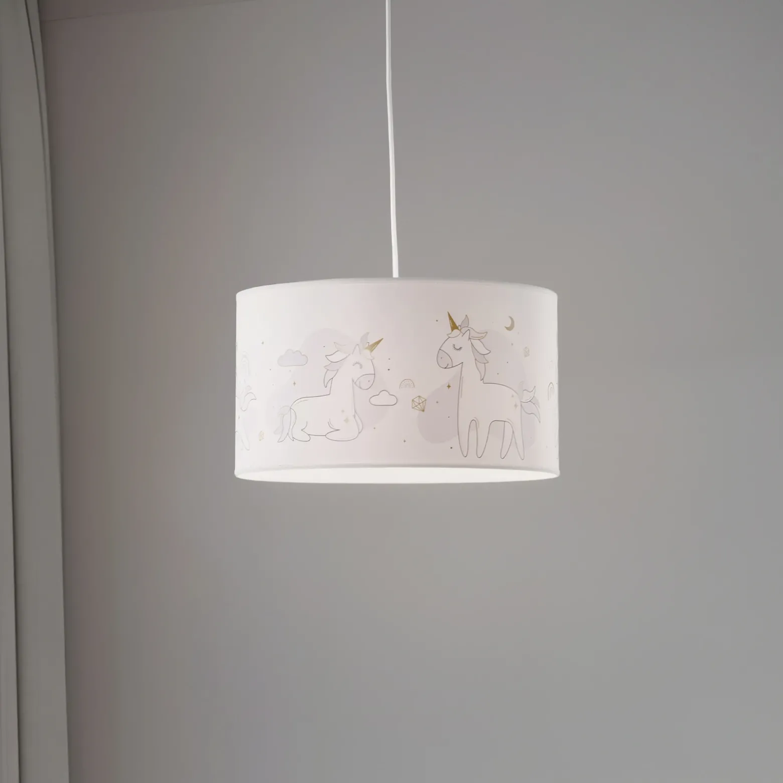 Mila lámpara colgante, Ø 35 cm, blanco, tela, unicornios, E27
