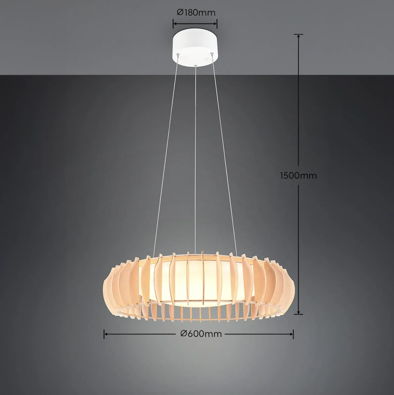 Monte lámpara colgante LED, Ø 60 cm, madera clara, madera, CCT