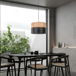 Nicol lámpara colgante, negro/efecto madera, Ø 50 cm, 1 luz, 3 x E27