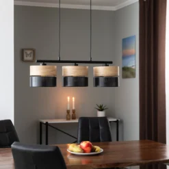 Nicol lámpara colgante, negro/efecto madera, 70x20 cm 3 luces 3 x E27