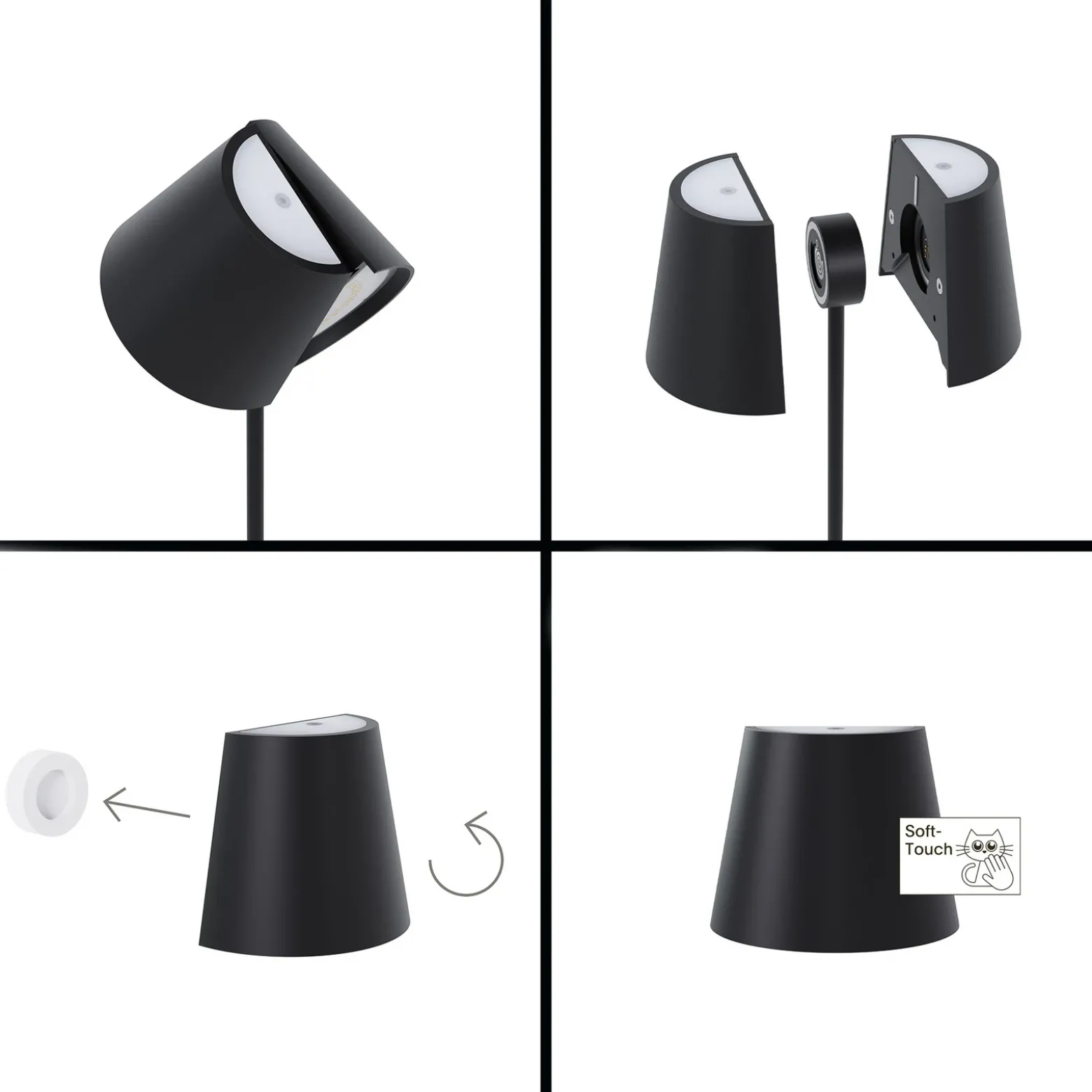 Nuindie tango lámpara de mesa LED recargable, negra, IP20, atenuable
