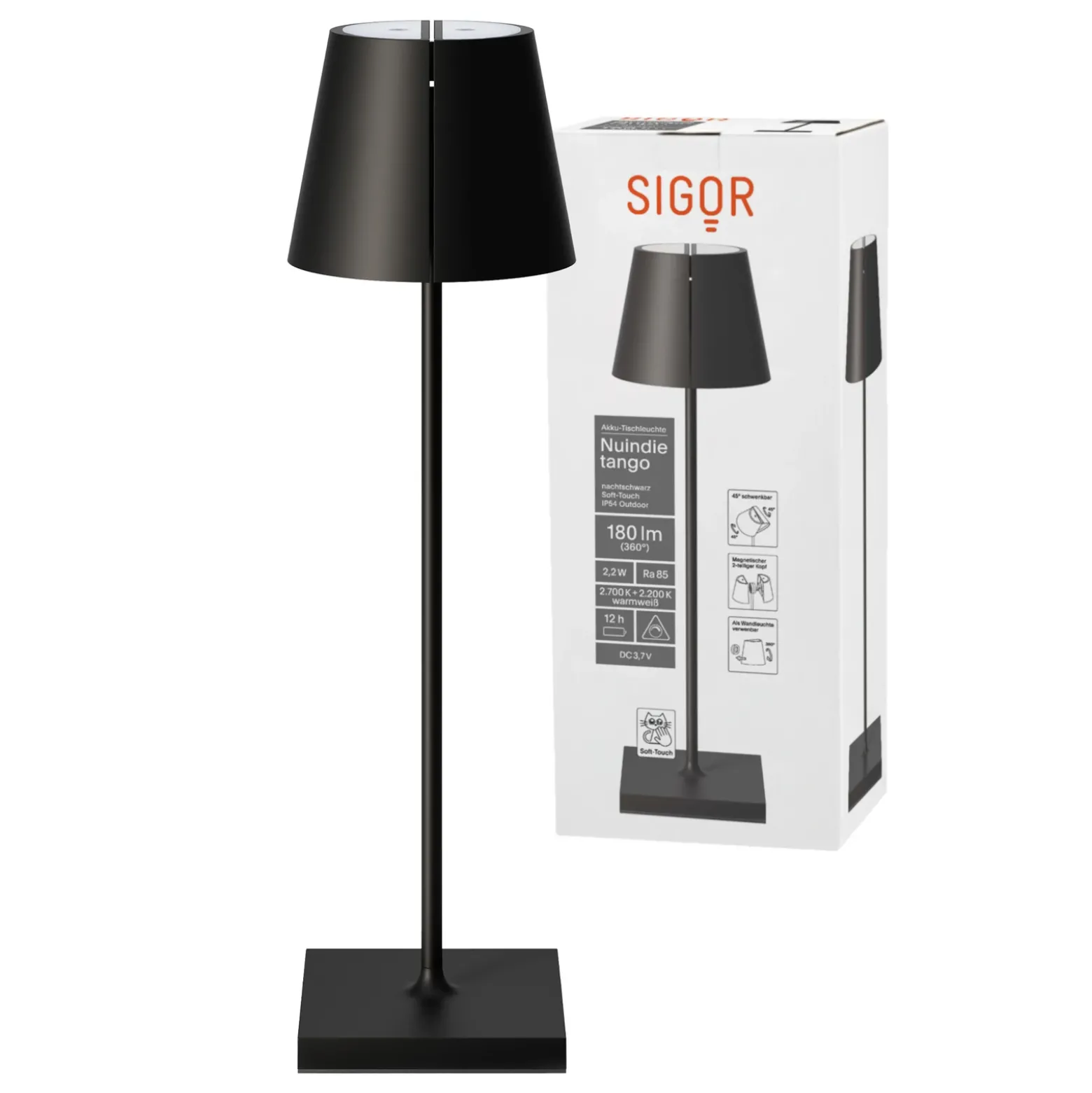 Nuindie tango lámpara de mesa LED recargable, negra, IP20, atenuable