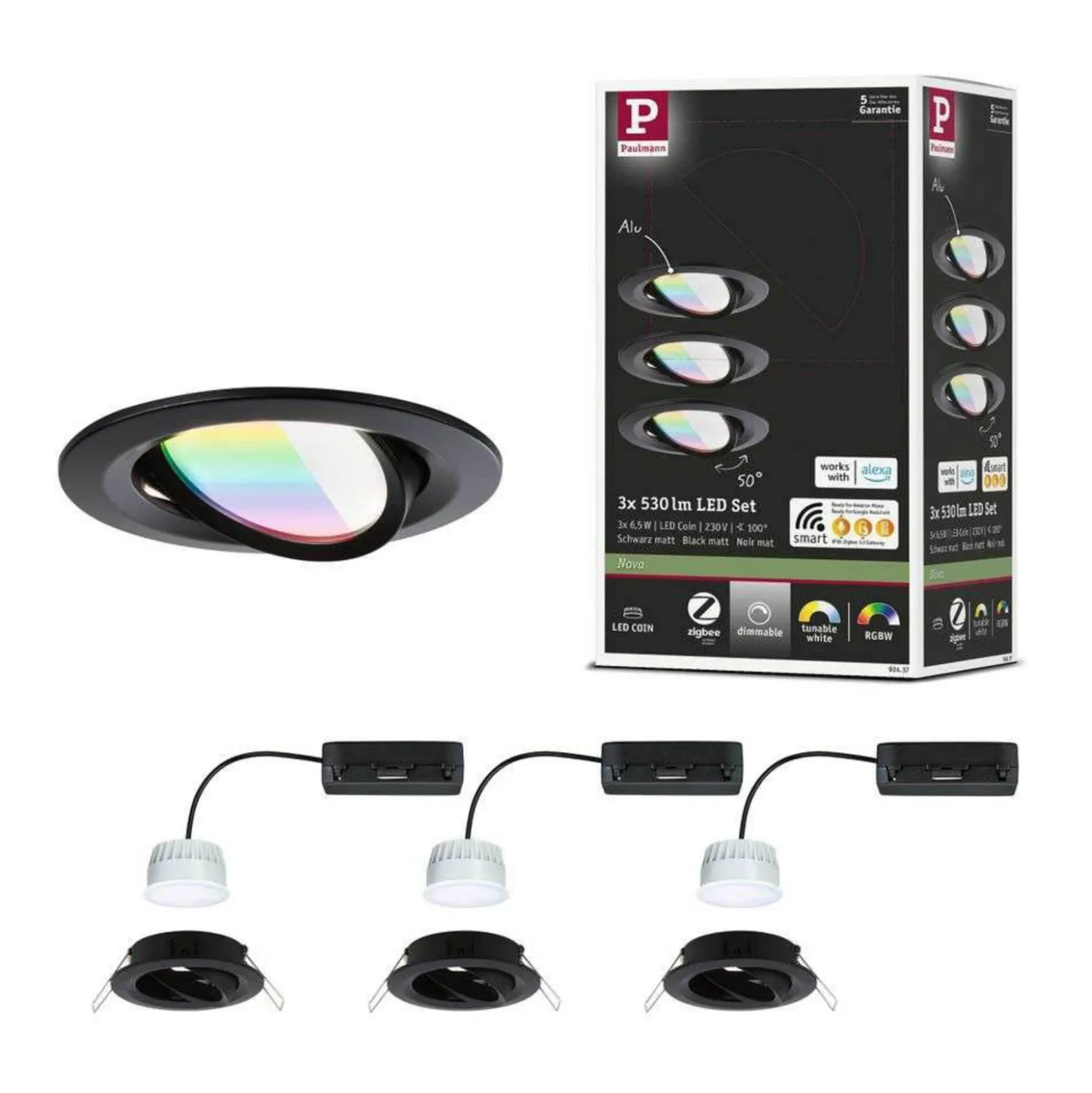 Paulmann LED empotrable Nova Coin Smart negro RGBW, juego de 3, 8,4 cm