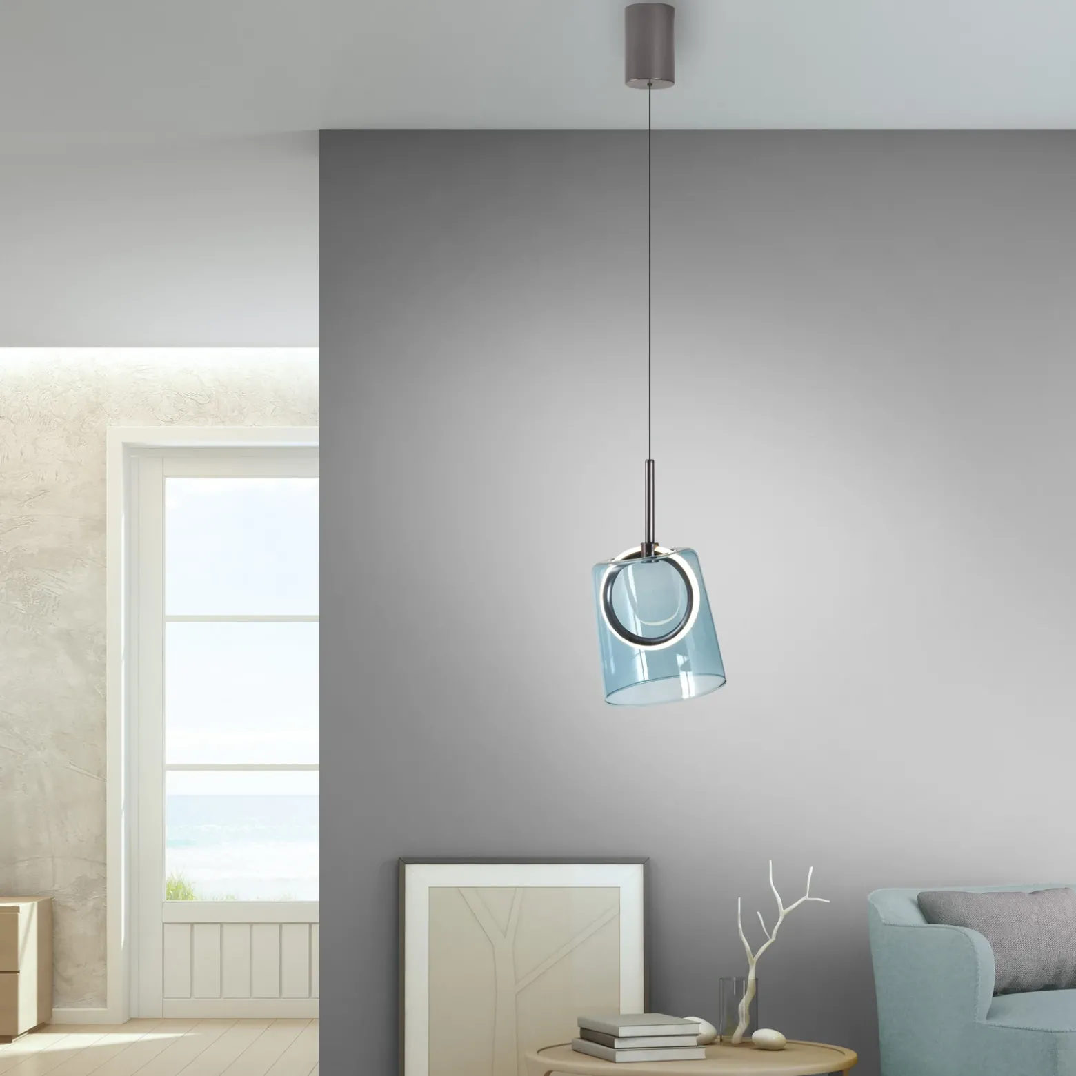 Paul Neuhaus lámpara colgante LED Zula, azul, Ø 15 cm, cristal