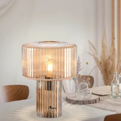 Paul Neuhaus Lámpara de mesa Fungus, ámbar, cristal, 34 cm