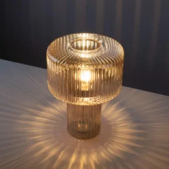 Paul Neuhaus Lámpara de mesa Fungus, ámbar, cristal, 34 cm
