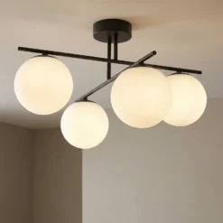 Plafón Aurora, negro, Ø 50 cm, 4 luces, cristal, E14