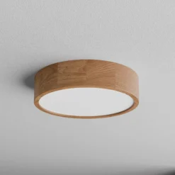 Plafón Cleo DR375, IP54, Ø 37,5 cm, madera de roble, E27