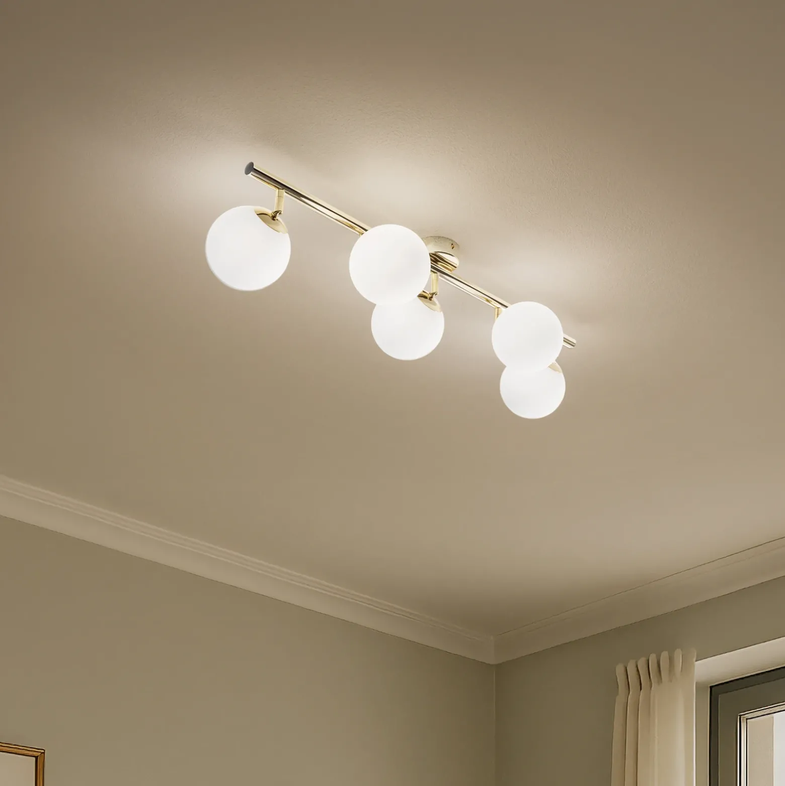 Plafón Drum, color dorado, cristal, longitud 80 cm, 5 luces