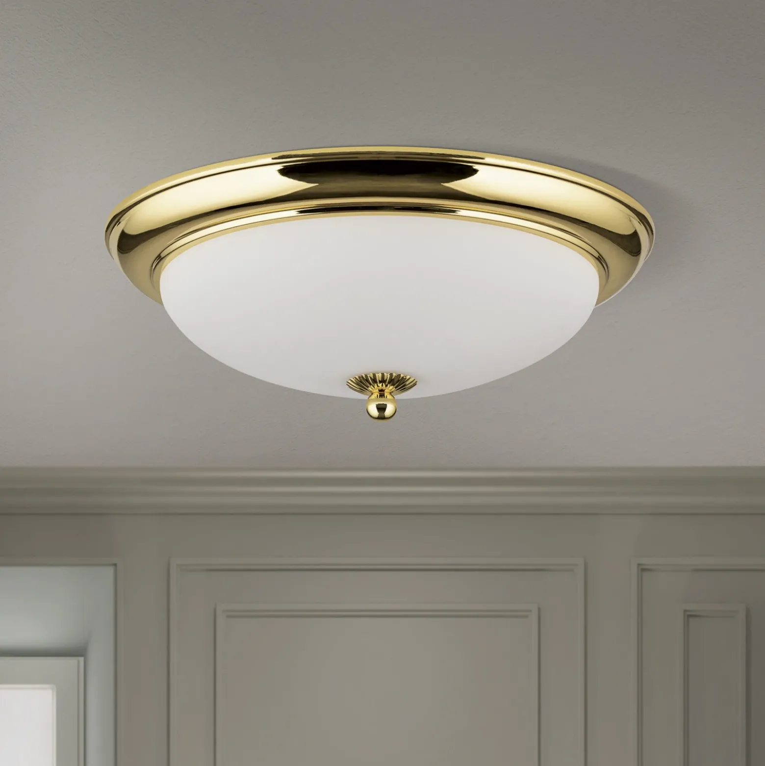 Plafón Empire, Ø 35,5 cm, dorado, cristal opal esmerilado