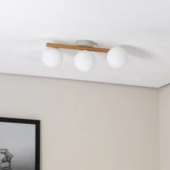 Plafón Estera, cristal opal, madera, 3 luces