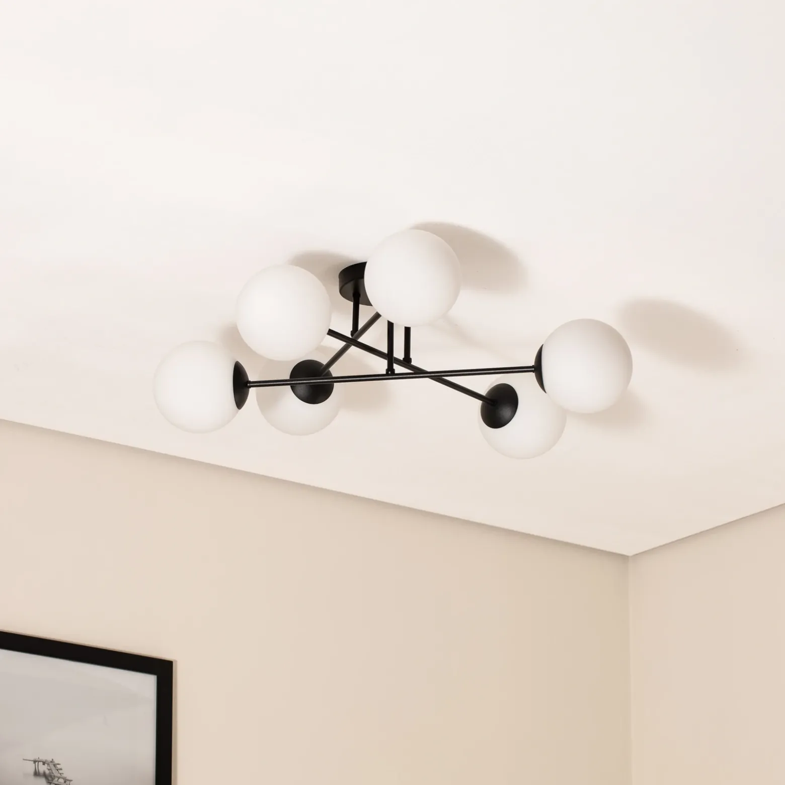 Plafón Glassy, 6 luces, negro/ópalo