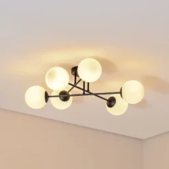 Plafón Glassy, 6 luces, negro/ópalo