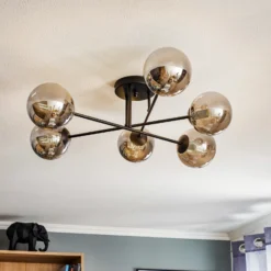 Plafón Glassy, negro, grafito, cristal, 6 luces, E14