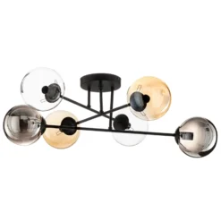 Plafón Glassy, negro, grafito/ámbar/transparente, 6 luces.