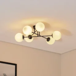 Plafón Glassy, negro/ópal, 75 cm, 6 luces.