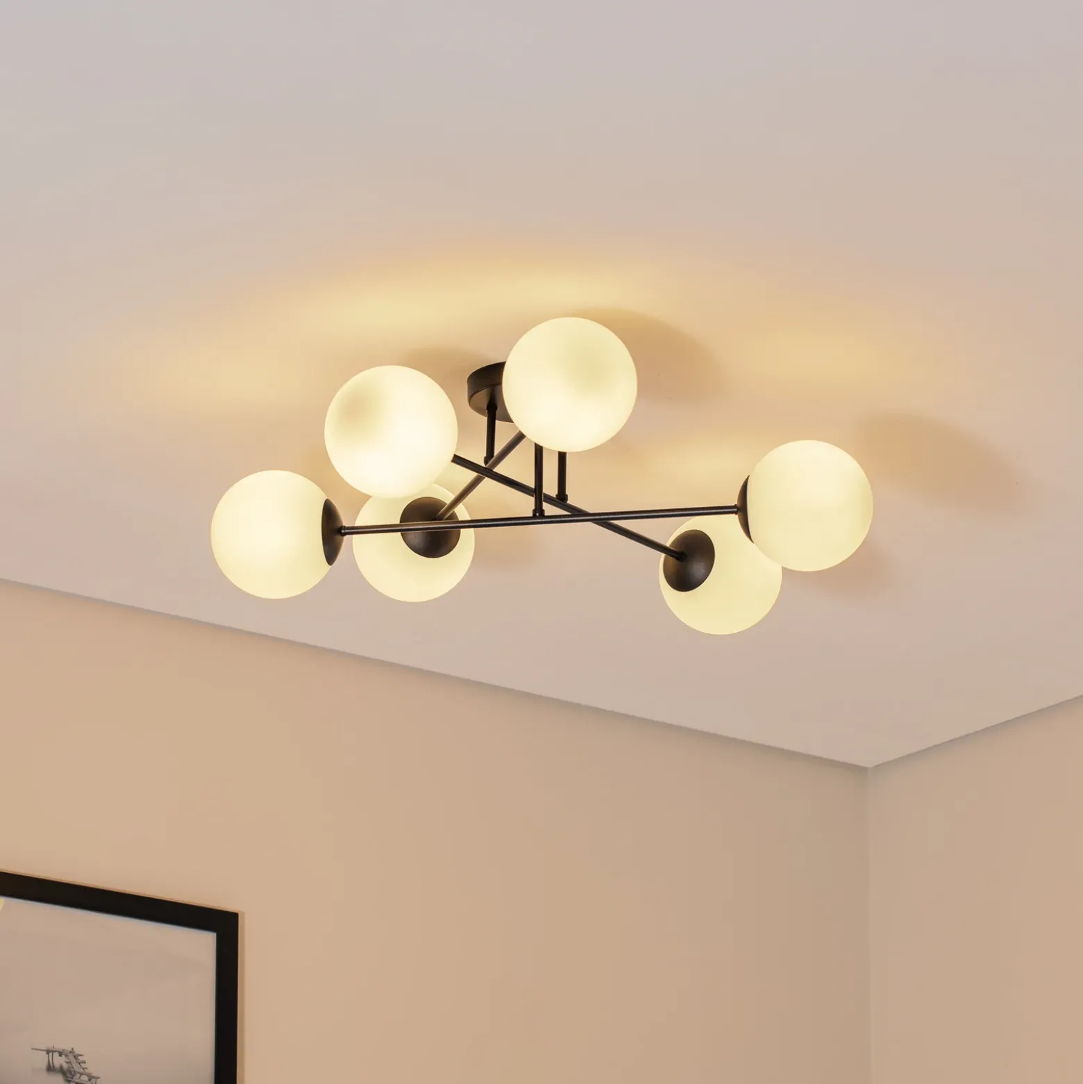 Plafón Glassy, negro/ópal, 75 cm, 6 luces.