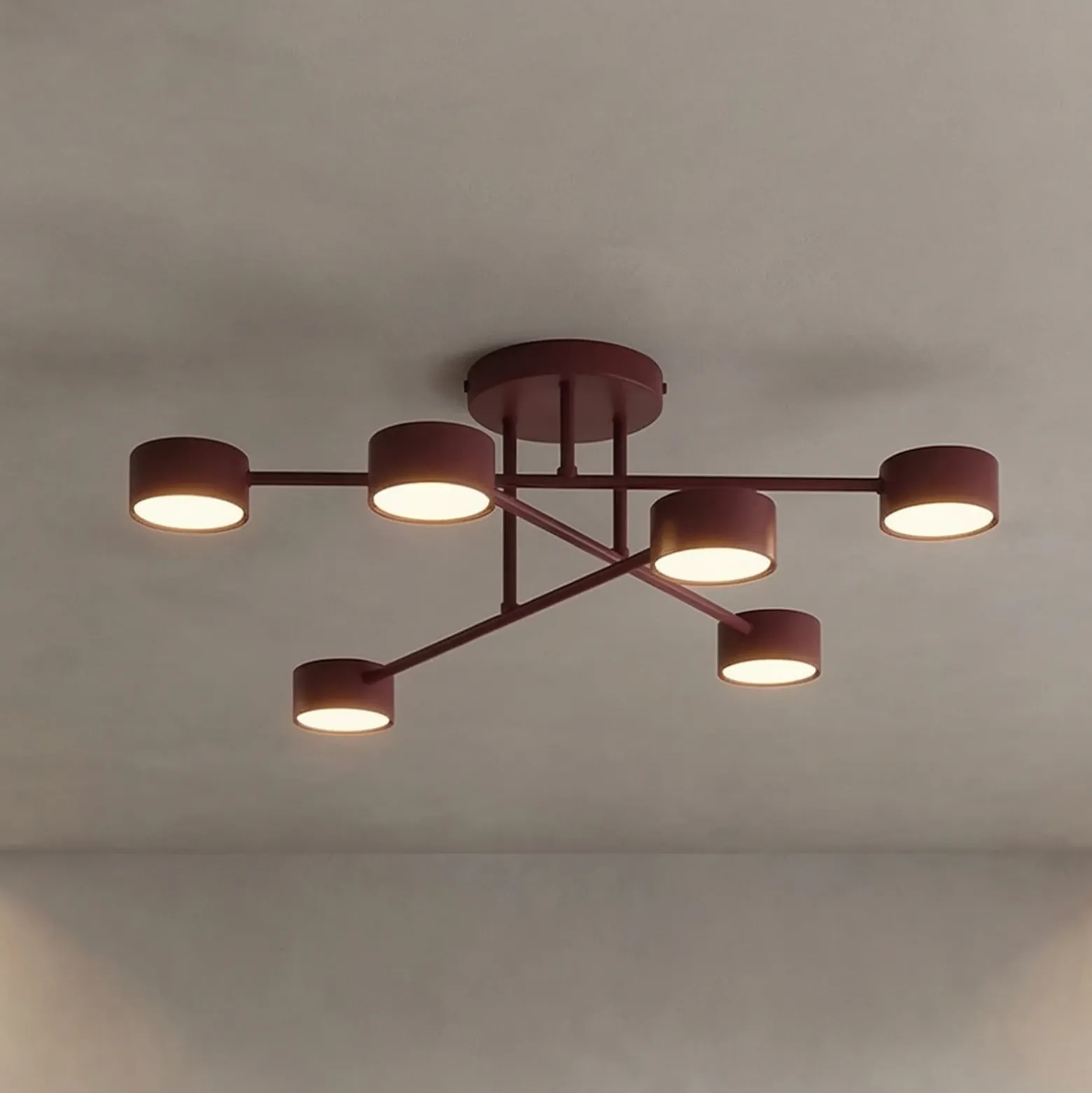 Plafón HALO, rojo oscuro, Ø 60 cm, 6 luces, metal, GX53