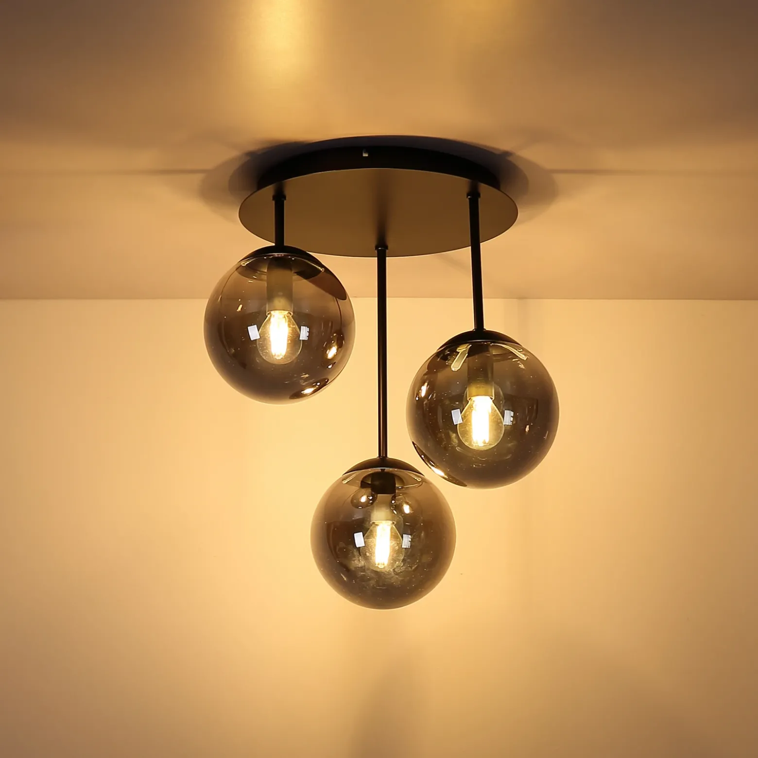 Plafón Harmon, negro/ahumado, cristal, Ø 33 cm, E14