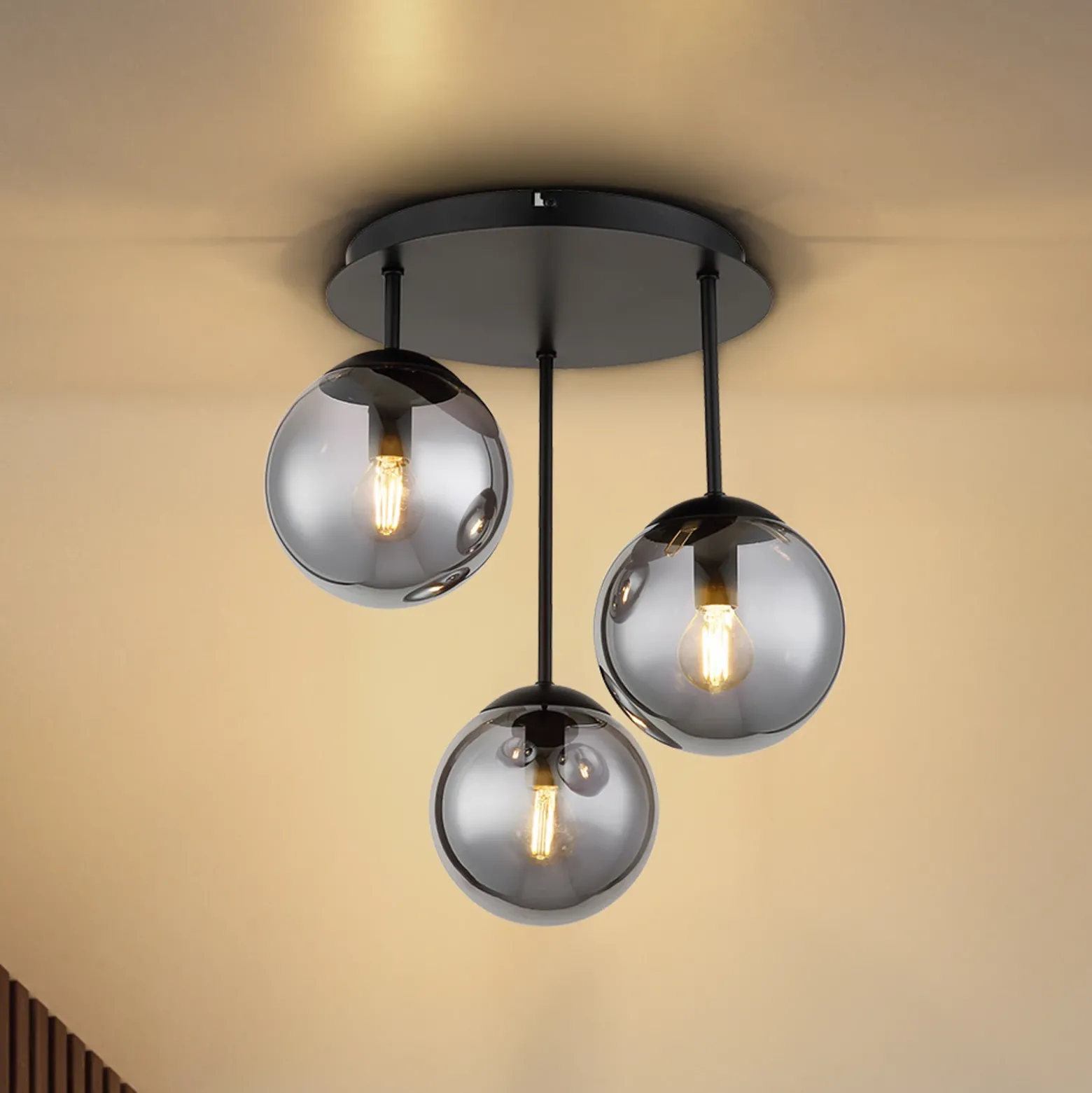 Plafón Harmon, negro/ahumado, cristal, Ø 33 cm, E14