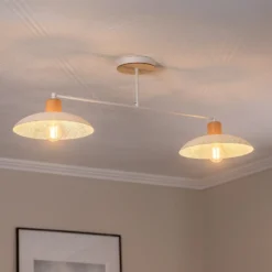 Plafón Kobe, 2 luces, acero, madera, blanco