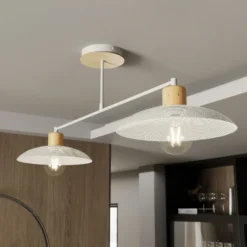 Plafón Kobe, 2 luces, acero, madera, blanco