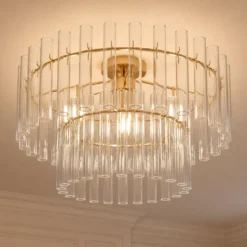 Plafón Leanna de Lucande, transparente/latón, Ø 54 cm, cristal